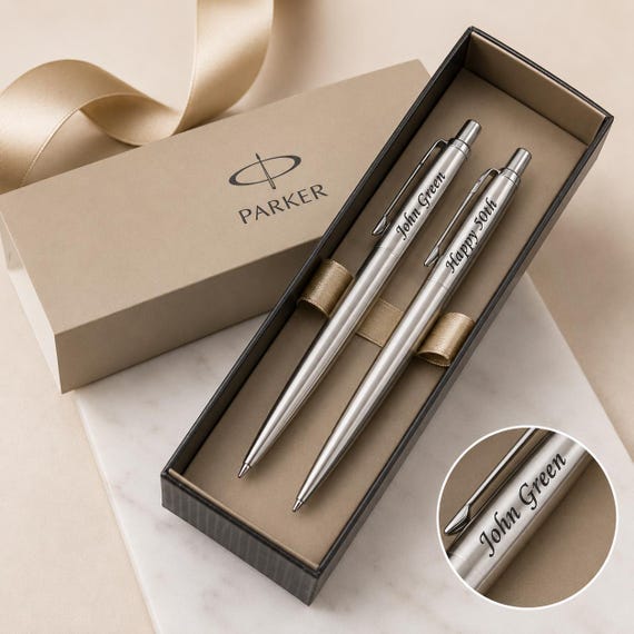 Personalised Pen Set, Engraved Pen, Stainless Steel Parker Jotter Pen & Pencil Set, Graduation, Wedding, Birthday Gift