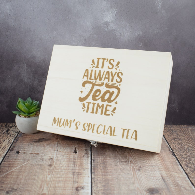 Personalised Engraved Tea Storage Box Perfect Custom Gift For Tea Lovers, Bespoke Tea Boxes, Engraved Tea Caddy Tea Storage Box Tea Time image 1