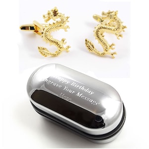 Golden Lucky Chinese dragon Cufflinks & Engraved Gift Box (X2AJ181) - Novelty Cufflinks, Personalised Cufflinks Box