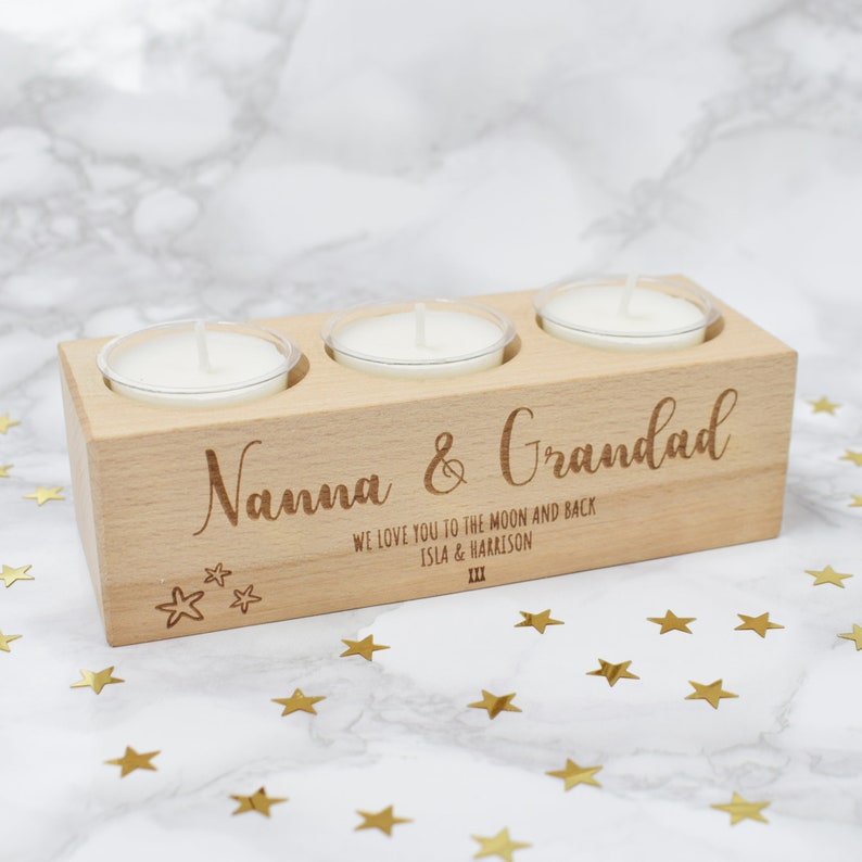 Do your grandparents enjoy using tealight candles? If yes, this personalized tealight candle holder would be the necessary candle accessory.  It takes just a few minutes to create a one-of-a-kind gift personalized with your and their name. They are sure to say wow when receiving your thoughtful gift.