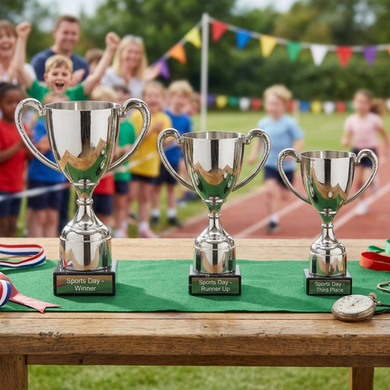 May include: Three silver trophies on a wooden table, each with a black base. The first trophy reads "Sports Day - Winner", the second "Sports Day - Runner Up", and the third "Sports Day - Third Place". A stopwatch and colorful ribbons are also on the table.
