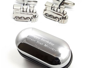 Locomotive Steam Train Cufflinks & Engraved Gift Box (X2PSN045) - Novelty Cufflinks, Quirky Cufflinks, Personalised Cufflink Box