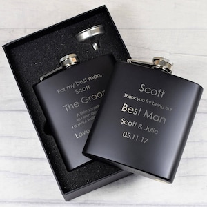 Bespoke Engraved Best Man Black Hip Flask - Best Man Wedding Gifts, Usher Gifts, Personalised Hip Flask, Black Hip Flasks