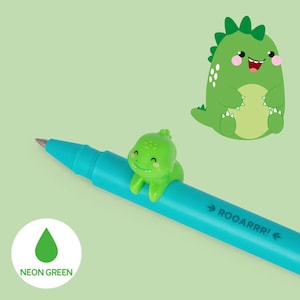Bolígrafo de gel Legami Lovely Friends con diseño de dinosaurio verde neón, bolígrafo de dinosaurio, bonito bolígrafo de dinosaurio, papelería infantil, bolígrafo Legami con diseño de dinosaurio, bolígrafo de tinta verde neón