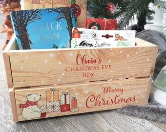 Personalised Christmas Eve Box For Children, Personalised Wooden Crate Ready To Fill With Gifts - Cute Polar Bear - Solid Pine Wood