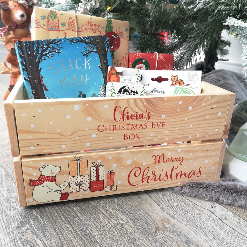 Personalised Christmas Eve Box For Children, Personalised Wooden Crate Ready To Fill With Gifts Cute Polar Bear Solid Pine Wood image 1