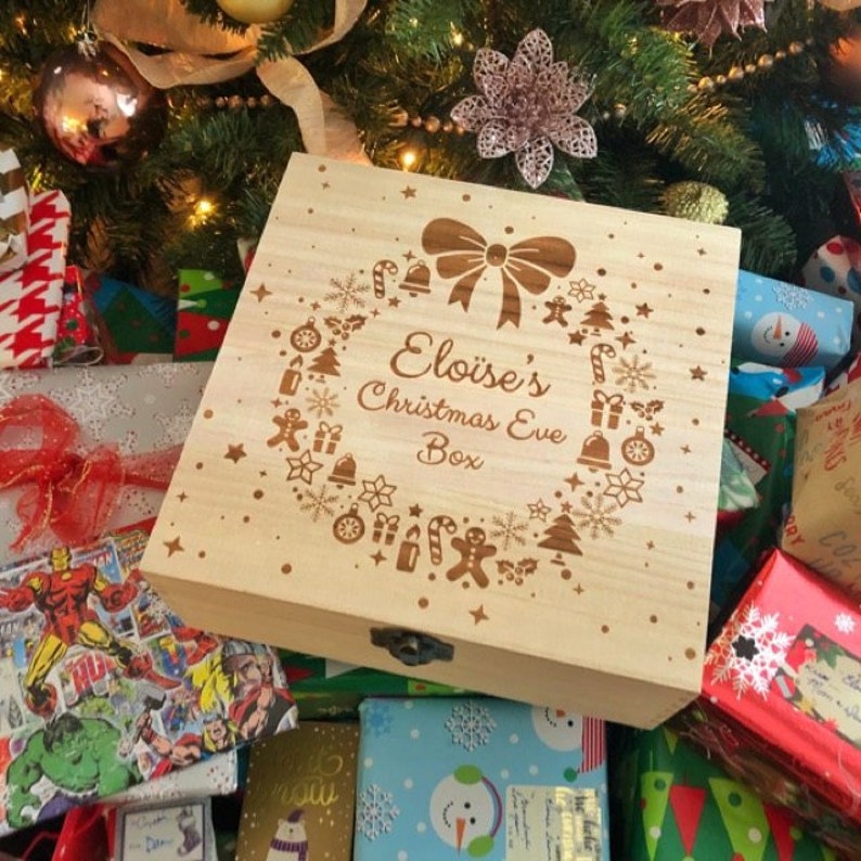 Personalised Christmas Eve Box For Children, Ready To Fill With Gifts, 3 Sizes, Christmas Wreath with Name image 9