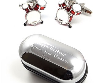 Music Rock and Roll Red Drum kit Cufflinks & Engraved Gift Box (X2AJ206) - Novelty Cufflinks, Quirky Cufflinks, Personalised Cufflinks Box
