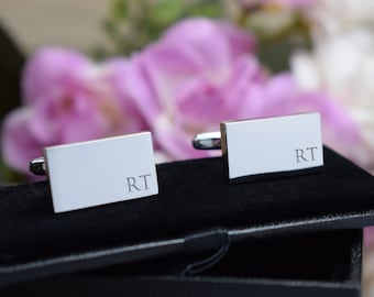 Silver Personalised Engraved Initial RECTANGLE Cufflinks - Wedding or Birthday Gift - Personalised Engraved Gift Box Available