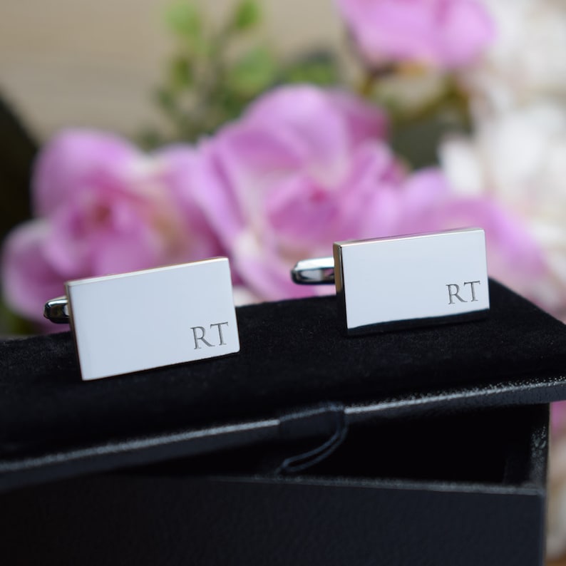 Personalised Engraved Gift Box Available Silver Personalised Engraved Initial RECTANGLE Cufflinks Wedding or Birthday Gift