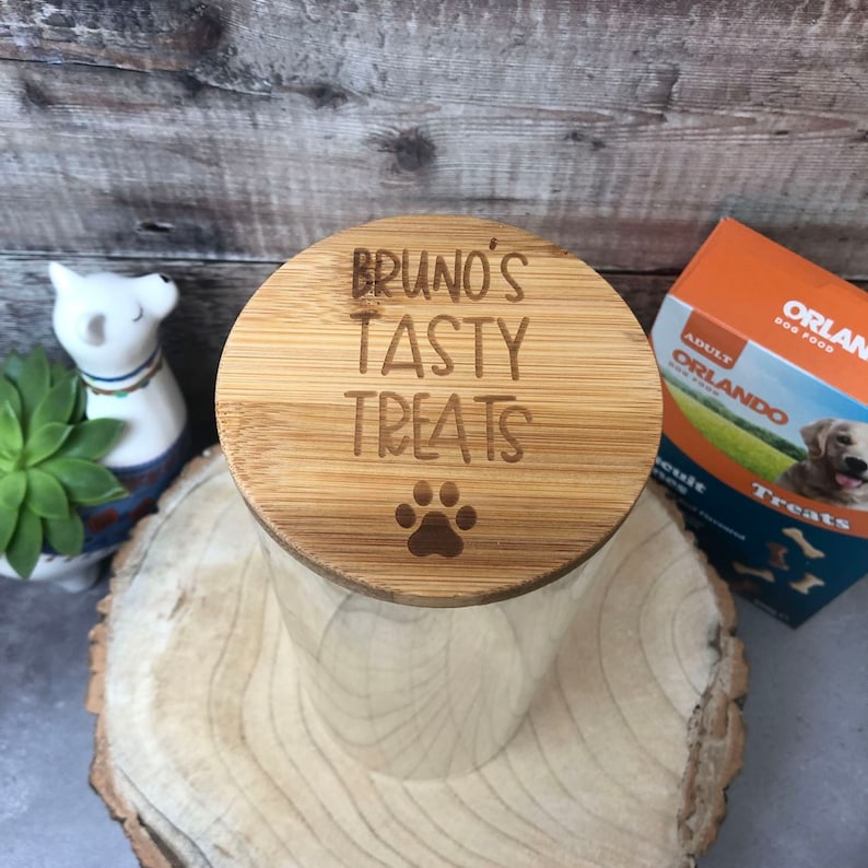 Personalised Bamboo Lid Dog Treat Storage Jar Pick Your Size Glass Storage Jar Dog Reward Jar with Engraved Lid with Paw Print & Name image 10