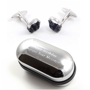 Music DJ Black and Silver Headphone Cufflinks & Engraved Gift Box - Novelty Cufflinks, Quirky Cufflinks, Personalised Box, DJ Cufflinks