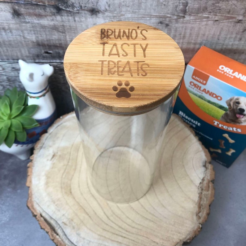 Personalised Bamboo Lid Dog Treat Storage Jar Pick Your Size Glass Storage Jar Dog Reward Jar with Engraved Lid with Paw Print & Name image 1