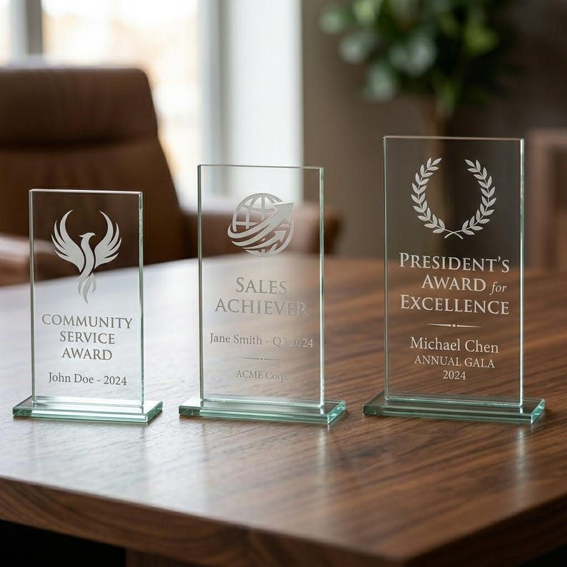 Peut inclure: Trois r&eacute;compenses en verre transparent avec texte et motifs grav&eacute;s. L'une indique &laquo; Community Service Award &raquo; avec un symbole de ph&eacute;nix, une autre &laquo; Sales Achiever &raquo; et la troisi&egrave;me &laquo; President's Award for Excellence &raquo;.