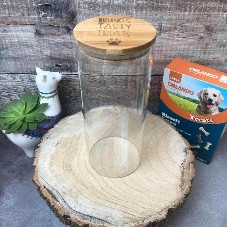 Personalised Bamboo Lid Dog Treat Storage Jar Pick Your Size Glass Storage Jar Dog Reward Jar with Engraved Lid with Paw Print & Name image 7