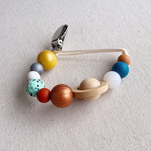 Unique! Wooden Solar System Pacifier Clip, Outer Space Baby Shower Gift, Planet Nursery Decor, Celestial Galaxy Sensory Toy