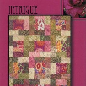 May include: A quilt pattern titled "Intrigue" by Villa Rosa Designs. The quilt is made up of a patchwork of squares in various shades of pink, red, green, and cream. The squares are arranged in a grid pattern, creating a visually interesting design.