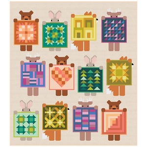 May include: A whimsical illustration featuring various woodland creatures, including bears, deer, foxes, and rabbits, each holding a colorful quilt. The quilts display geometric patterns in shades of orange, green, blue, and pink, set against a neutral background.