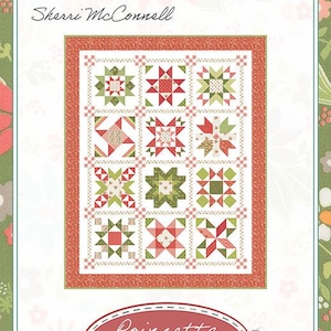 May include: A quilting pattern featuring a grid of star blocks in red, green, and white. The text "a Quilting Life" and "Poinsettia Stars BOM" are displayed. The design is by Sherri McConnell.