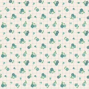 May include: A repeating pattern of teal flowers and green leaves on a cream-colored background with a grid overlay. The floral design features clusters of small flowers and individual blossoms, creating a delicate and vintage aesthetic.