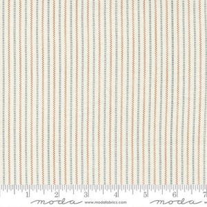 May include: Cream-colored fabric with vertical stripes in rust and navy blue. The stripes are evenly spaced and create a textured appearance. The fabric has a subtle woven pattern, suitable for quilting or apparel.