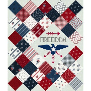 May include: A patchwork quilt featuring a patriotic design with red, white, and blue fabrics. The quilt has a repeating diamond pattern with various prints, including stars, stripes, and floral motifs. The word "FREEDOM" is displayed with an eagle illustration.
