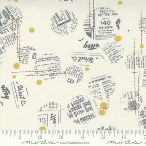 May include: Cream-colored fabric with a repeating pattern of newspaper clippings in gray and black, interspersed with yellow circles. The fabric features text fragments and dashed lines, creating a vintage aesthetic.