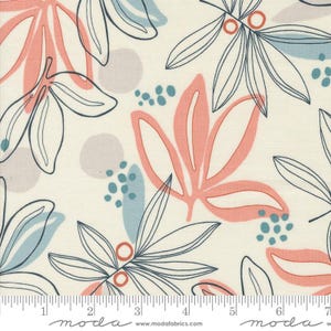 May include: Cream-colored fabric with a repeating floral pattern. The design features large stylized leaves in coral and light blue, outlined in dark blue. Small teal and gray dots and circles fill the spaces between the leaves. The fabric has a ruler along the bottom.