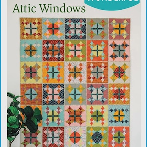 May include: A colorful quilt with a patchwork design, featuring squares with geometric patterns in various colors like orange, blue, and green. The text "Attic Windows" and "Sew Kind of Wonderful" are visible. A "QCR -mini- Pattern" label is also present.