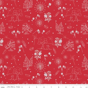 May include: Red fabric with a white sketched pattern featuring American flags, fireworks, trees, flowers, and food items. The design includes stars and the text "Riley Blake Designs" and "Inches".