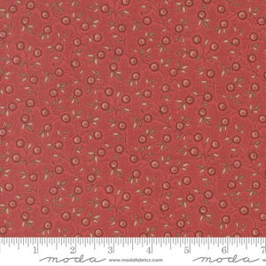 May include: Red fabric with a repeating floral pattern. Small, round flowers in shades of red and pink are connected by thin stems with green leaves. The fabric has a textured appearance and is suitable for quilting or crafting projects.