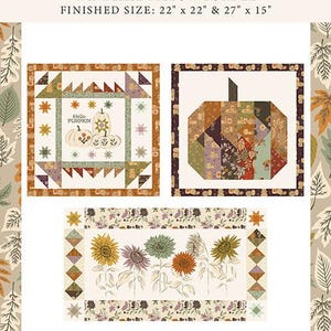May include: A Windfall pillow bundle pattern set featuring three designs: a square with pumpkins and the text Hello Pumpkin, a square with a large pumpkin, and a rectangular design with sunflowers. Finished sizes are 22 inches by 22 inches and 27 inches by 15 inches.