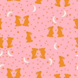 May include: A repeating pattern on a light pink background featuring orange rabbit silhouettes in various poses, interspersed with small orange five-pointed stars and white crescent moon shapes scattered throughout the design.