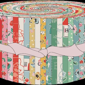 May include: A fabric roll featuring a spiral top and vertical strips of patterned fabric. The fabric strips display various designs, including floral patterns, bunnies, and houses, in shades of red, pink, blue, yellow, and green. A pink ribbon wraps around the roll.