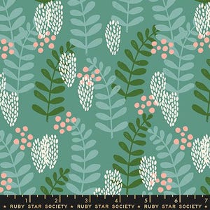 May include: A teal fabric with a repeating pattern of stylized leaves and floral elements. The design features green, light blue, white, and pink accents. The text "RUBY STAR SOCIETY" is printed at the bottom.