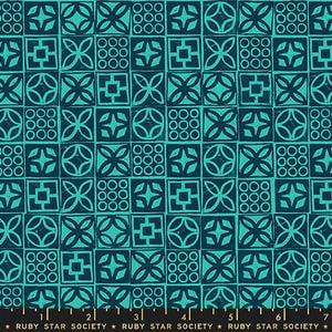 May include: A teal and navy blue patterned fabric with a repeating geometric design. The pattern features squares with various shapes, including circles, crosses, and floral motifs. The text "RUBY STAR SOCIETY" is at the bottom.