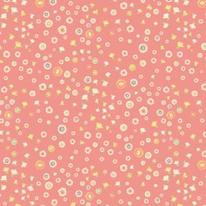 May include: A repeating pattern of small, scattered flowers in shades of yellow, white, and orange on a coral pink background. The floral design includes various sizes and shapes, creating a delicate and whimsical aesthetic, suitable for fabric or wallpaper.