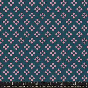 May include: Teal fabric with a repeating pattern of pink, four-dot clusters. The fabric has a grid-like arrangement of the pink dots. The bottom of the fabric has a ruler with the text "RUBY STAR SOCIETY".