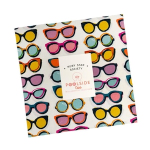 May include: A square fabric bundle featuring a repeating pattern of colorful sunglasses in various styles and colors, including yellow, orange, pink, and blue, on a white background. The label reads "RUBY STAR SOCIETY POOLSIDE too COLLABORATIVE COLLECTION."
