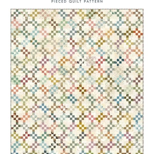 May include: A quilt pattern titled "Confidence" by Laundry Basket Quilts. The quilt design features a repeating cross pattern in various colors, including blue, green, pink, and brown, on a cream background. The finished quilt size is 56.5" x 64.5".