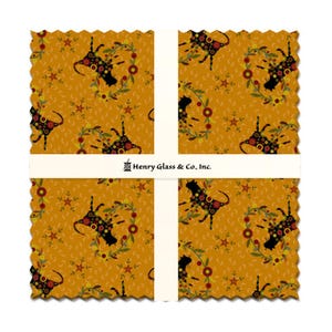 May include: A square fabric bundle featuring a repeating pattern of black silhouettes with horns, surrounded by floral wreaths, on a mustard yellow background. The fabric is adorned with small red and yellow star-shaped accents. The brand name "Henry Glass & Co., Inc." is printed on a white band.