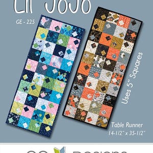 May include: Two rectangular table runners titled Lil' JoJo GE-225. One features blue, pink, and green patterned squares, the other orange, black, and grey. Both use 5-inch squares and measure 14.5 inches by 35.5 inches. GE Designs Iceland logo included.