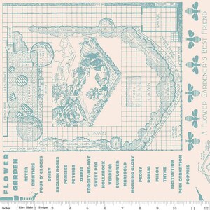 May include: A light beige fabric with a detailed garden plan design in teal. The plan includes a house, lawn, pool, and various garden features. Text includes "Flower Garden" and flower names.