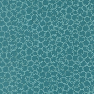 May include: Teal fabric with a repeating pattern of interconnected, white, open circles. The circles overlap, creating a textured, all-over design. The fabric has a subtle, woven texture.