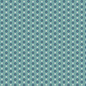 May include: A repeating pattern of white and blue stars on a teal background. The stars are arranged in vertical rows with a small white dot between each star.