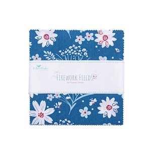 May include: A stack of fabric squares with a blue floral pattern featuring white flowers with red centers. The fabric is labeled "Firework Fields" by Gracey Larson and Riley Blake Designs.