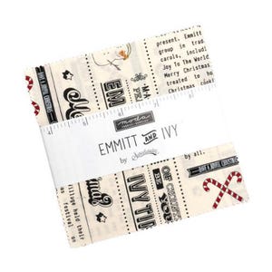 May include: A stack of fabric squares with a Christmas theme. The fabric is cream-colored with black text and red accents, including candy canes and the words "Have a Joyful Christmas". The brand name "Emmitt and Ivy" is visible.