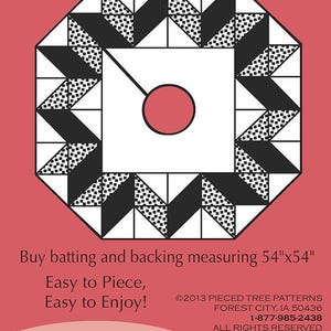 May include: A sewing pattern for a Tree Skirt Star with a finished size of 48 1/2 inches by 48 1/2 inches. The design features a geometric black, white, and dotted pattern on a red background with text instructions to buy 54 inch by 54 inch batting.