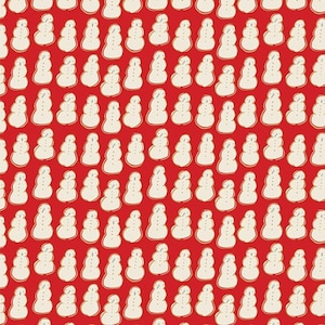 May include: A red background with a repeating pattern of white snowmen. The snowmen are drawn in a simple, hand-drawn style.