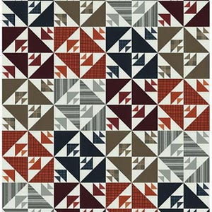 May include: A patchwork quilt featuring a repeating pattern of triangles and squares in various colors. The quilt incorporates shades of navy, brown, red, and gray, with plaid, striped, and solid fabric designs. The overall design is geometric and symmetrical.